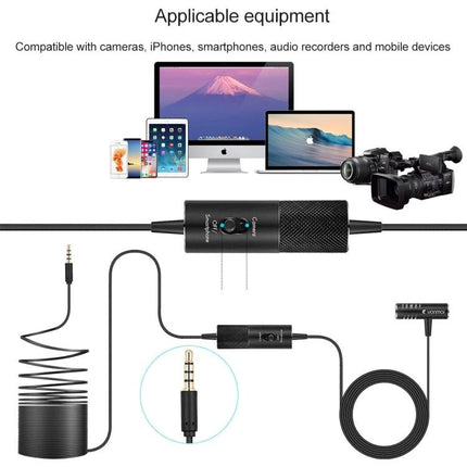 Essential Clip-On Microphone for Everyday Video and Event Use shown clipped to devices with 3.5mm jack, adapter, and compatible cameras and smartphones