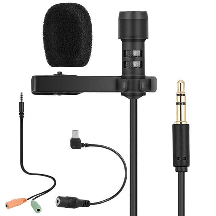 Compact Microphone for Daily Home Recordings and Events — clip-on lavalier with windscreen, 3.5mm jack and adapters for podcasts, calls, interviews