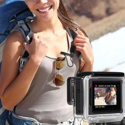 Compact Microphone for Daily Home Recordings and Events clipped to backpack strap for clear podcast and video call audio on the go