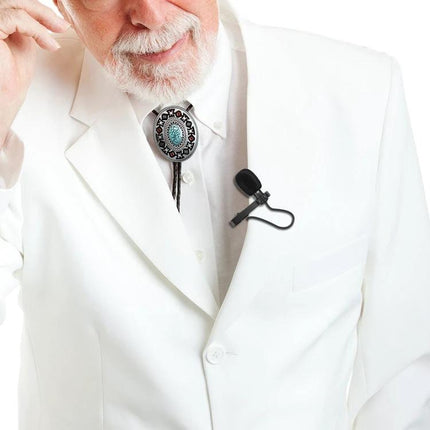 Compact Microphone for Daily Home Recordings and Events clipped to white jacket lapel for podcasting, interviews, video calls