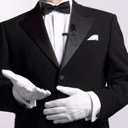 Compact Microphone for Daily Home Recordings and Events clipped to a tuxedo lapel for podcasts, interviews and video calls