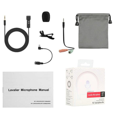 Compact Microphone for Daily Home Recordings and Events – clip-on lavalier kit with windscreen, cables, adapter and carrying pouch for podcasts and interviews