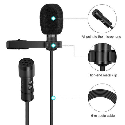 Compact Microphone for Daily Home Recordings and Events - clip-on lavalier with windscreen, high-end metal clip and 6m audio cable for clear podcasts and interviews