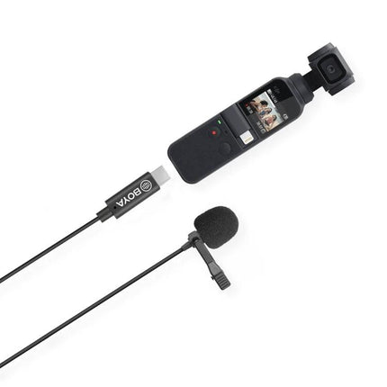 Boya Microphone for Daily Video Recording with DJI Pocket - compact USB-C lavalier clipped to clothing beside DJI Osmo Pocket 2