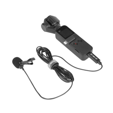 Boya Microphone for Daily Video Recording with DJI Pocket compact USB-C lavalier mic attached to DJI Osmo Pocket 2 for clear vlogging audio omnidirectional