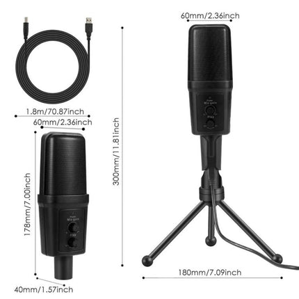 Yanmai Microphone for Daily Home Recording and Calls USB desktop mic with tripod and cable, dimensions shown, ideal for home recording and online calls