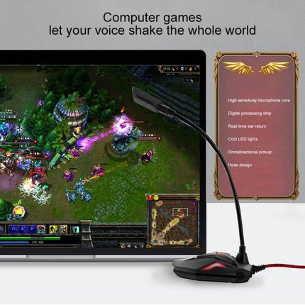 Essential Microphone for Everyday Gaming Sessions at Home on desk with laptop showing gameplay and omnidirectional gooseneck mic