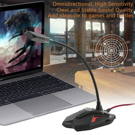 Essential Microphone for Everyday Gaming Sessions at Home on desk with laptop, omnidirectional plug-and-play gaming mic reducing background noise