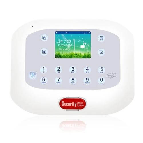 Wireless GSM Home Security Alarm System with Touch Panel showing white control panel, touchscreen display, numeric keypad and security status indicator