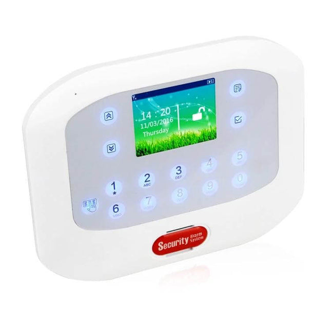 Wireless GSM Home Security Alarm System with Touch Panel showing white touch keypad, color screen and illuminated buttons for home protection
