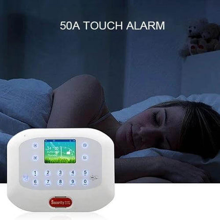 Wireless GSM Home Security Alarm System with Touch Panel showing touch keypad monitoring a sleeping woman for night home protection