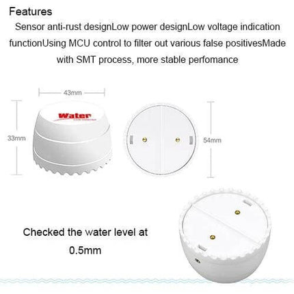 Effective Water Leakage Detector for Home Safety with Two Sensors - white round dual-sensor unit with LED indicator and dimensions