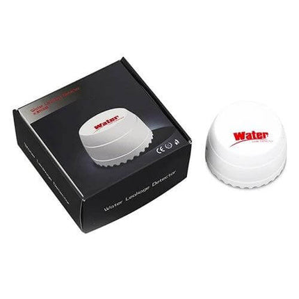 Effective Water Leakage Detector for Home Safety with Two Sensors - white compact unit and box shown