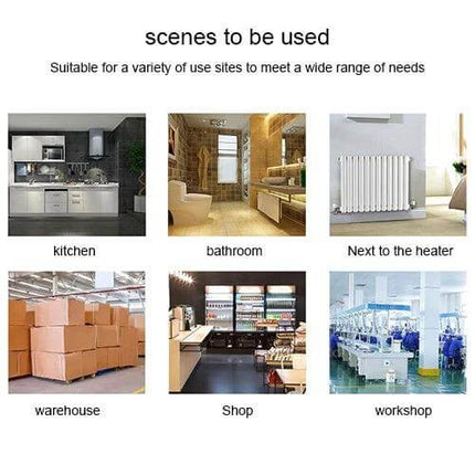 Effective Water Leakage Detector for Home Safety with Two Sensors positioned in kitchen, bathroom, next to heater, warehouse, shop, and workshop for monitoring