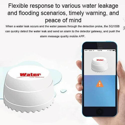 Effective Water Leakage Detector for Home Safety with Two Sensors - white sensor next to smartphone showing water alert