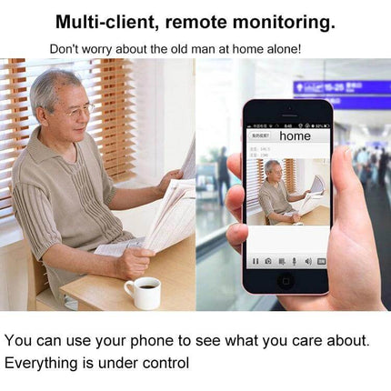 Home Security Wireless IP Camera with Two-Way Audio monitoring elderly at home shown on smartphone screen