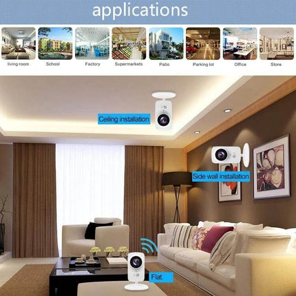 Home Security Wireless IP Camera with Two-Way Audio showing ceiling, side wall and tabletop installation in living room for pet and entry monitoring