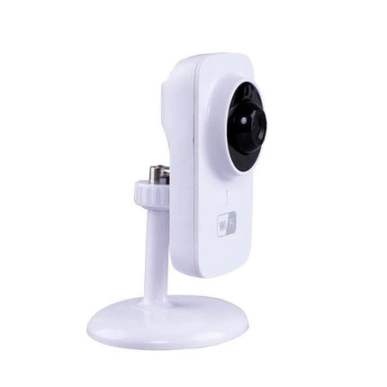 Home Security Wireless IP Camera with Two-Way Audio white tabletop Wi‑Fi camera showing lens and built‑in microphone for monitoring pets and entryways