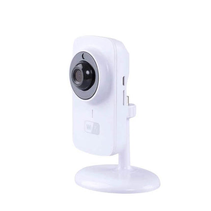 Home Security Wireless IP Camera with Two-Way Audio – compact white indoor camera on stand with two-way audio and motion alerts