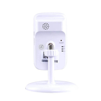 Home Security Wireless IP Camera with Two-Way Audio rear view on white stand showing reset button and mounting hinge