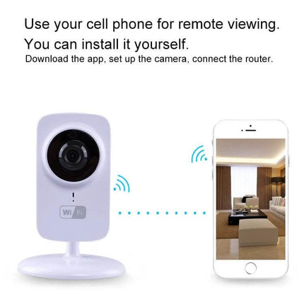 Home Security Wireless IP Camera with Two-Way Audio showing camera streaming live video to smartphone for remote home monitoring