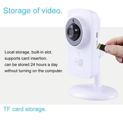 Home Security Wireless IP Camera with Two-Way Audio showing TF card insertion for local video storage and two-way audio monitoring