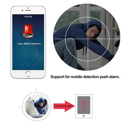 Home Security Wireless IP Camera with Two-Way Audio detecting intruder and sending mobile push alert to phone