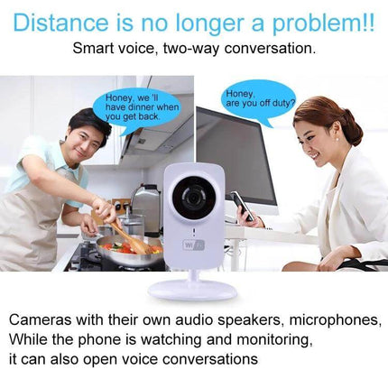 Home Security Wireless IP Camera with Two-Way Audio showing camera monitoring kitchen and remote two-way conversation between homeowner and partner