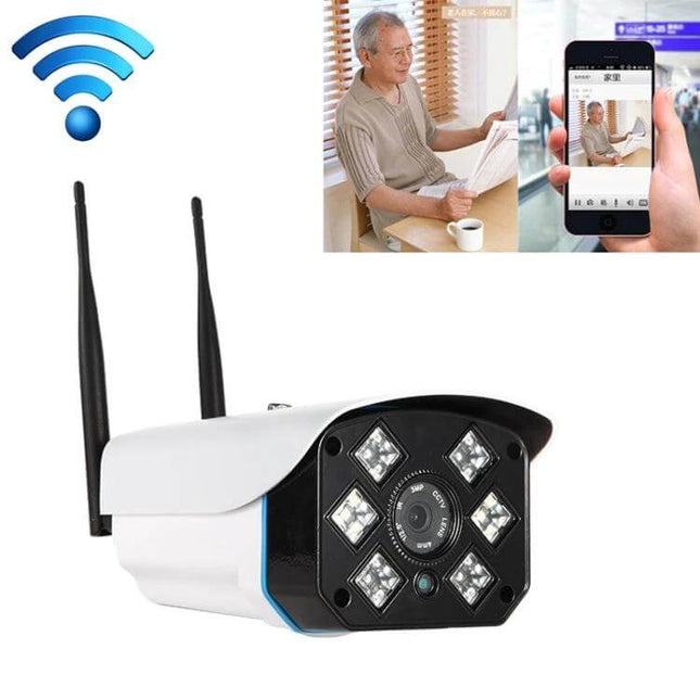 Wireless Indoor Outdoor WiFi Security Camera for Home Monitoring showing camera, dual night vision LEDs and live smartphone feed