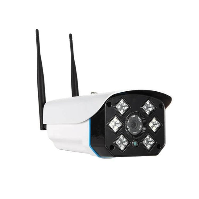 Wireless Indoor Outdoor WiFi Security Camera for Home Monitoring showing night-vision lens and dual antennas for indoor and outdoor surveillance
