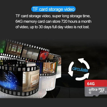 Wireless Indoor Outdoor WiFi Security Camera for Home Monitoring showing TF card storage video capability with 64G card for up to 30 days