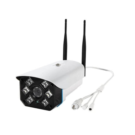 Wireless Indoor Outdoor WiFi Security Camera for Home Monitoring showing white outdoor camera with dual antennas and night vision LEDs