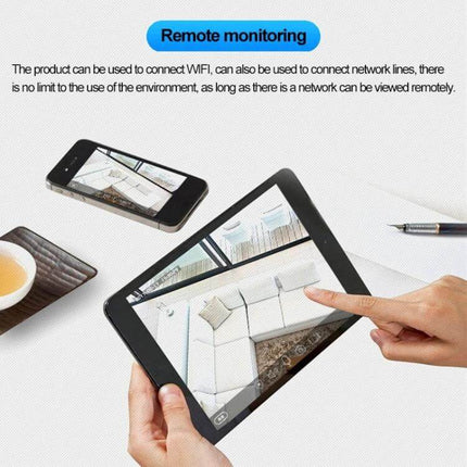Wireless Indoor Outdoor WiFi Security Camera for Home Monitoring showing tablet and phone remote viewing of living room with dual night vision