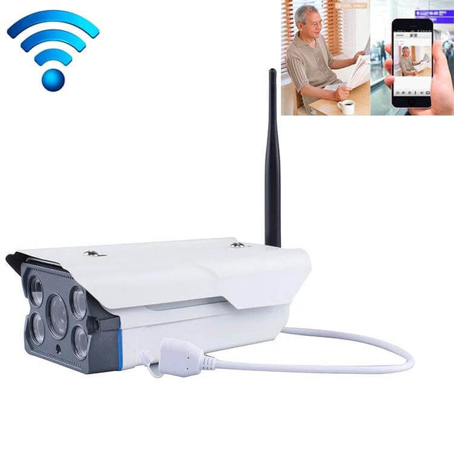 Wireless Security Camera for Home Monitoring with Motion Detection shown mounted outdoors with smartphone live view and Wi‑Fi icon