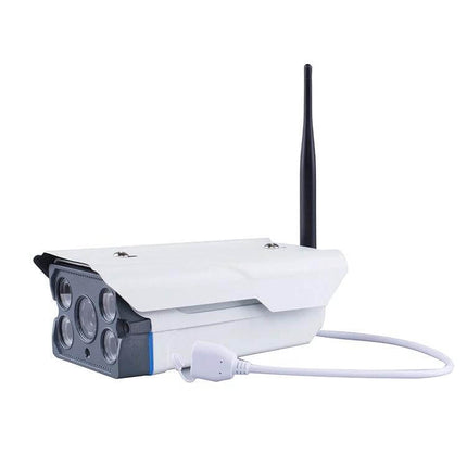 Wireless Security Camera for Home Monitoring with Motion Detection - white outdoor wireless camera with antenna and motion sensors