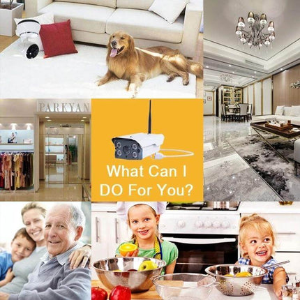 Wireless Security Camera for Home Monitoring with Motion Detection - indoor/outdoor home scenes with pet, family, and living spaces