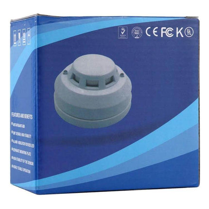 Photoelectric Smoke Detector for Home Fire Safety with Red Indicator on retail box showing device and certifications