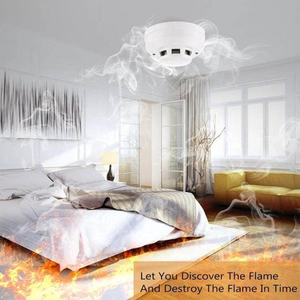 Photoelectric Smoke Detector for Home Fire Safety with Red Indicator mounted in bedroom showing smoke detection and red LED alert