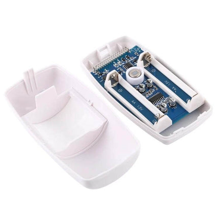 Wireless Wide Angle Motion Detector for Home Security - open white wireless motion sensor showing internal circuit and battery compartments