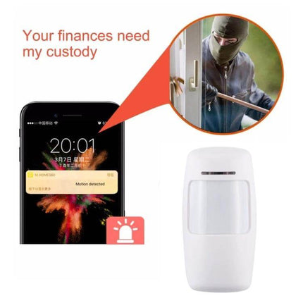 Wireless Wide Angle Motion Detector for Home Security showing motion alert on smartphone with burglar image and white sensor
