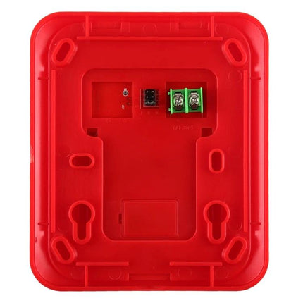 Fire Alarm with Sound and Light Alerts for Home and Office Use, red alarm base showing wiring terminals and mounting slots
