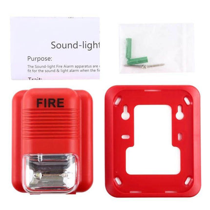 Fire Alarm with Sound and Light Alerts for Home and Office Use - red wall-mounted strobe and siren with mounting bracket and screws