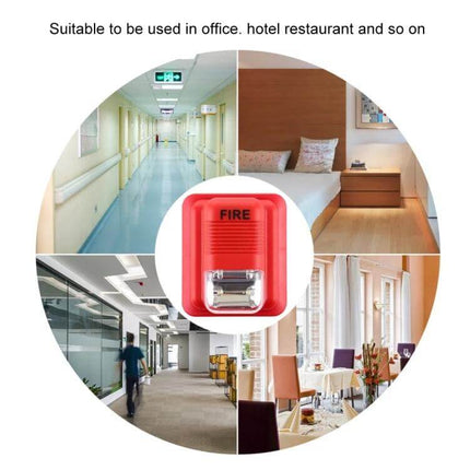 Fire Alarm with Sound and Light Alerts for Home and Office Use - red wall-mounted detector with strobe shown in hotel, office, hospital, restaurant settings