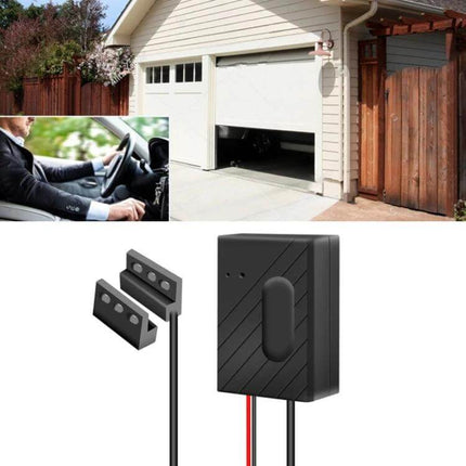 Wireless Garage Door Controller with App and Voice Access mounted near garage opener showing WiFi control, app use in car and magnetic sensor