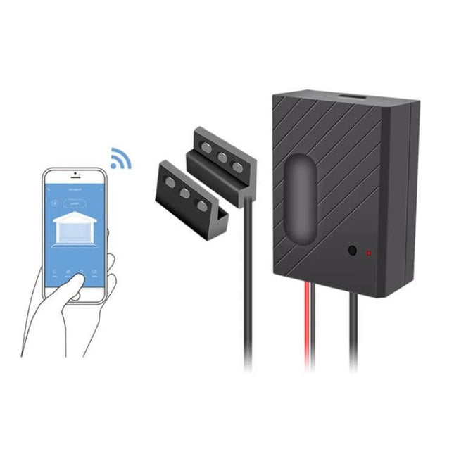 Wireless Garage Door Controller with App and Voice Access - WiFi smart garage controller showing app, sensor magnets and main unit