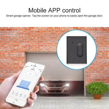 Wireless Garage Door Controller with App and Voice Access - smartphone app showing garage open with WiFi controller image