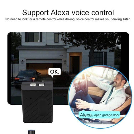 Wireless Garage Door Controller with App and Voice Access showing Alexa voice control opening garage from car
