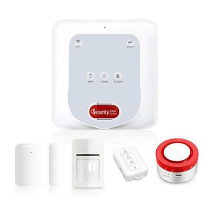 DY-H2 Smart Home Security System with Anti-Theft Protection - white wireless alarm hub, motion sensor, door sensors, remote and siren