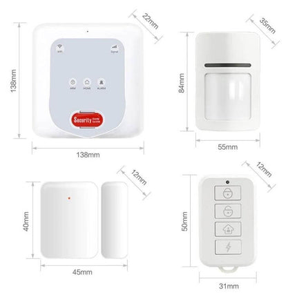 DY-H2 Smart Home Security System with Anti-Theft Protection wireless hub, motion sensor, door sensor and remote key fob shown with dimensions