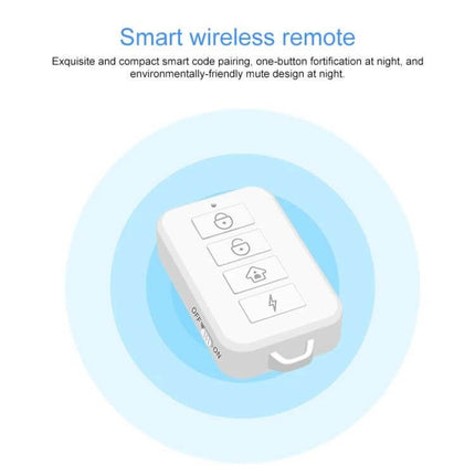 DY-H2 Smart Home Security System with Anti-Theft Protection remote key fob showing lock, home, and panic buttons for wireless intrusion alerts